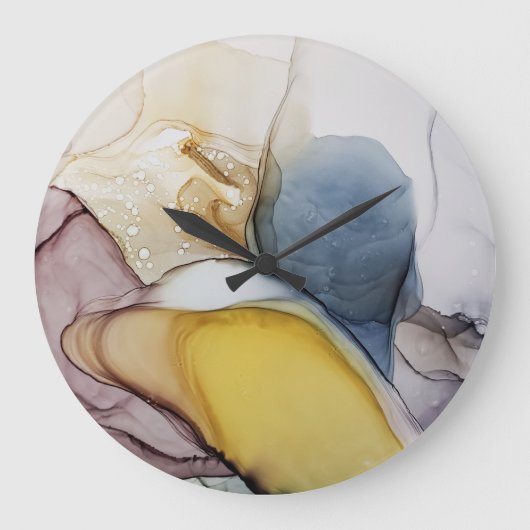 アルコールインクの渦巻き、黄色の濃淡、抽象芸術。 ラージ壁時計 (正面)