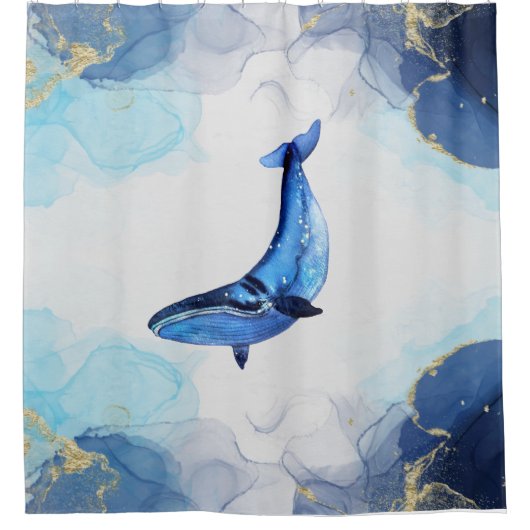 アルコールインクテックの青い金ゴールドの流動的な芸術の上にクジラ シャワーカーテン (正面)