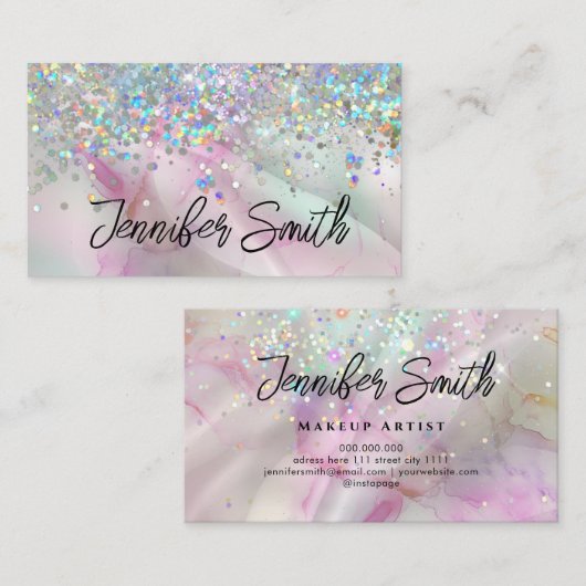 アルコールインクメイクアップアーティストホログラフィックグリッターピンク 名刺 (正面/裏面)