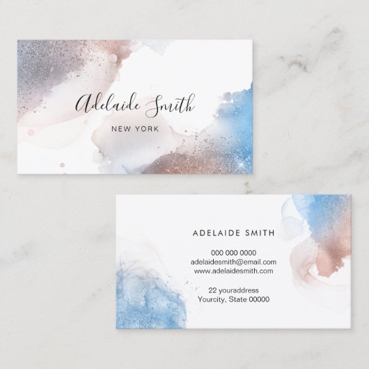 アルコールインク及びフェイクグリッターブルーバラ金ゴールド 名刺 (正面/裏面)