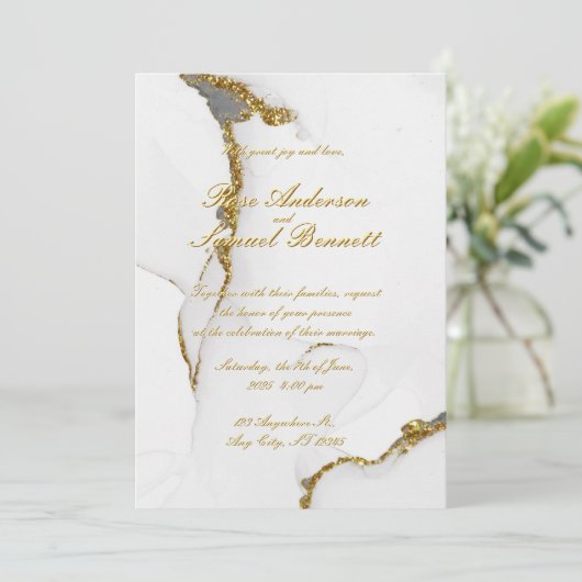 アルコールインク手作り金ゴールド結婚式招待状 招待状 (スタンド正面)