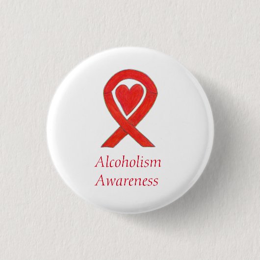 アルコール依存症認識度赤いハートリボンカスタムピン 缶バッジ (正面)
