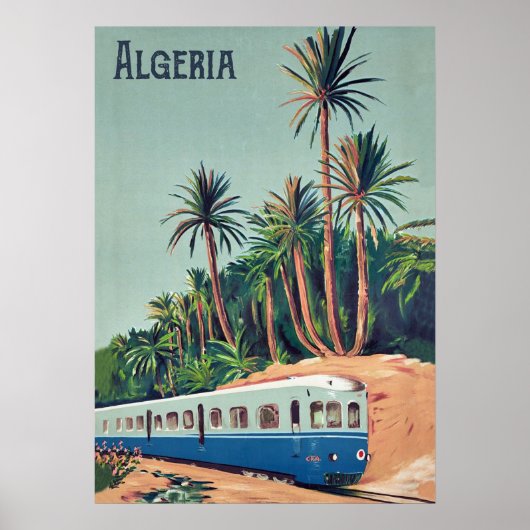 アルジェリア、ヤシの木の間を走る列車 ポスター (正面)