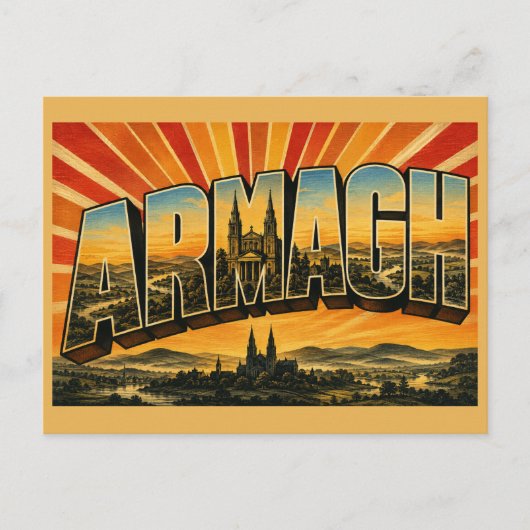 アルスター州アーマー 北アイルランド レトロな旅行アート ポストカード (正面)
