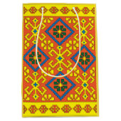 アルスンガのラトビア民族オレンジ色の黄色のフォークアート ミディアムペーパーバッグ (正面)