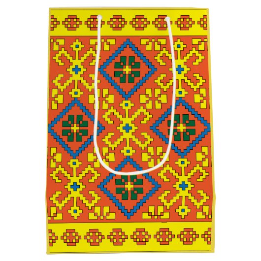 アルスンガのラトビア民族オレンジ色の黄色のフォークアート ミディアムペーパーバッグ (裏面)