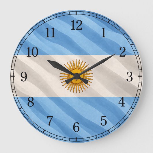 アルゼンチンの旗の壁掛け時計 - なびく旗のデザイン ラージ壁時計 (正面)