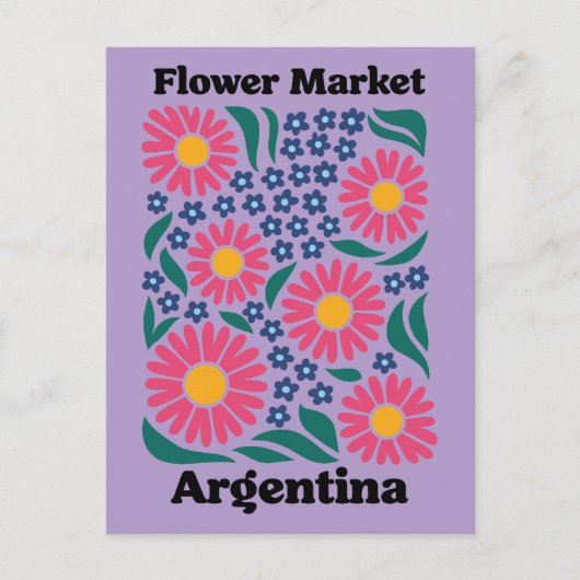 アルゼンチンの花市場 ピンクのデイジーと青い草原 ポストカード (正面)