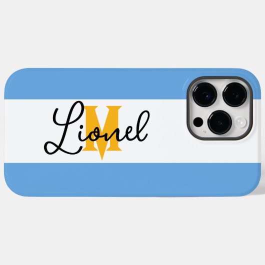 アルゼンチンブルー&ホワイトストライプ名前をカスタムするモノグラム Case-Mate iPhoneケース (裏面 (横))