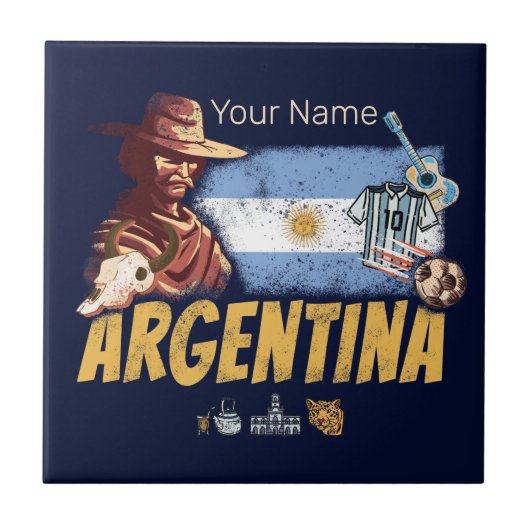 アルゼンチンヴィンテージゴーチョ国旗のサッカーボール タイル (正面)