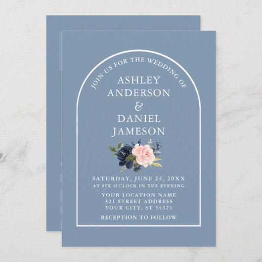 アルチモダンスタイリッシュュダスティブルーピンクフローラ結婚ズ 招待状 (正面/裏面)