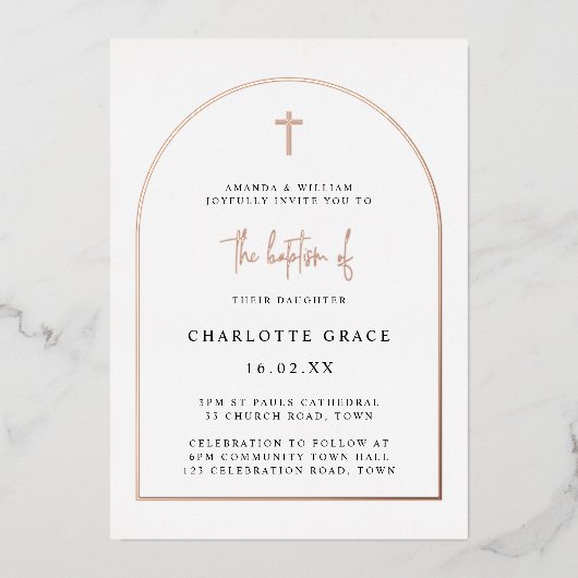 アルチモダンミニマル洗礼実在バラ金ゴールド 箔招待状 (正面)