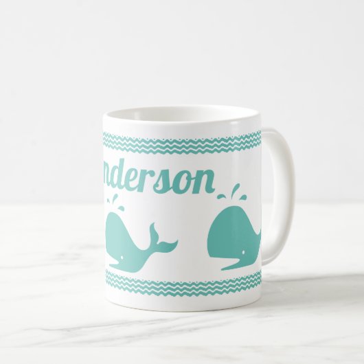 アルティックティール（緑がかった色）ブルークジラ&ウェーブブルー&ウェーブブルー&ホワイト沿岸 コーヒーマグカップ (正面右)
