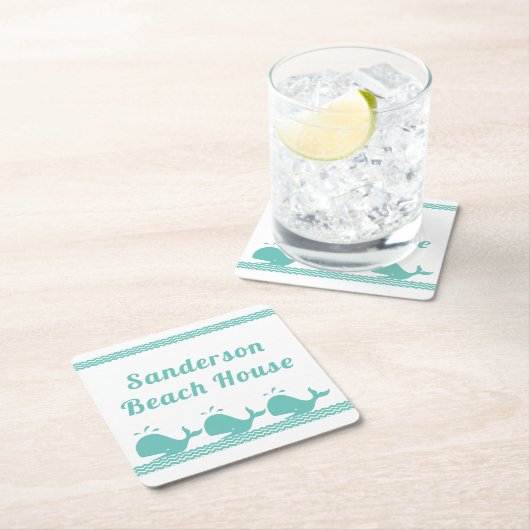 アルティックティール(緑がかった色)ブルークジラ&ウェーブブルー&ウェーブブルー&ホワイト沿岸 スクエアペーパーコースター (インサイチュ)