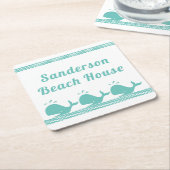 アルティックティール(緑がかった色)ブルークジラ&ウェーブブルー&ウェーブブルー&ホワイト沿岸 スクエアペーパーコースター (アングル)