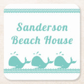 アルティックティール(緑がかった色)ブルークジラ&ウェーブブルー&ウェーブブルー&ホワイト沿岸 スクエアペーパーコースター (正面)