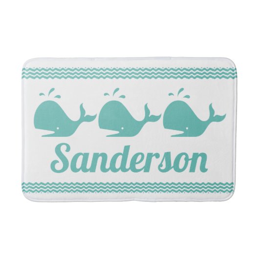 アルティックティール(緑がかった色)ブルークジラ&ウェーブブルー&ウェーブブルー&ホワイト沿岸 バスマット (正面)