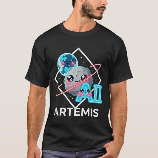アルテミス ネオン ロゴ - かわいい月惑星スペースアート Tシャツ (正面)