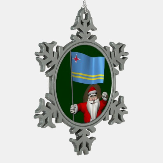 アルバの看板のあるサンタクロース スノーフレークピューターオーナメント (左)