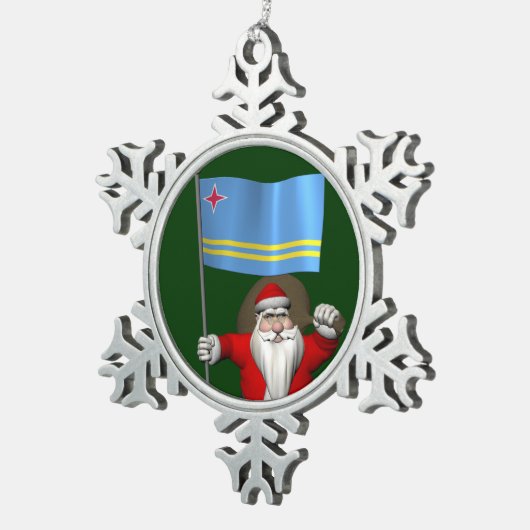 アルバの看板のあるサンタクロース スノーフレークピューターオーナメント (右)