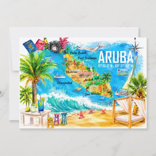 アルバカリブ海イラスト入り旅行地図ポストカード 招待状 (正面)