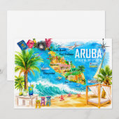 アルバカリブ海イラスト入り旅行地図ポストカード 招待状 (正面/裏面)