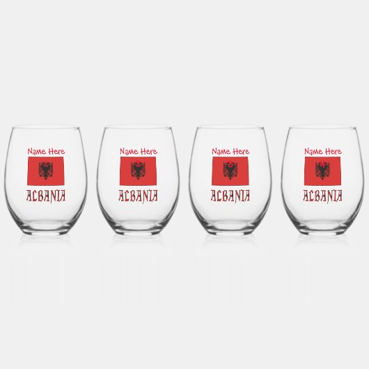 アルバニアおよびアルバニア国旗の赤個人用設定 ステムなしワイングラス (正面)