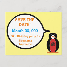 アルバニア国旗のトーキングペンギンさん　Save the Date 案内ポストカード