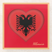 アルバニア&アルバニア国旗のハート/パーティーダイニング ガラスコースター (正面)