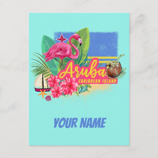アルバレトロカリブのアイランドとフラミンゴヴィンテージ シーズンポストカード (正面)