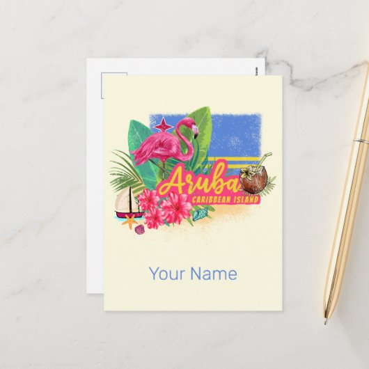アルバレトロカリブのアイランドとフラミンゴヴィンテージ シーズンポストカード (正面/裏面インサイチュ)