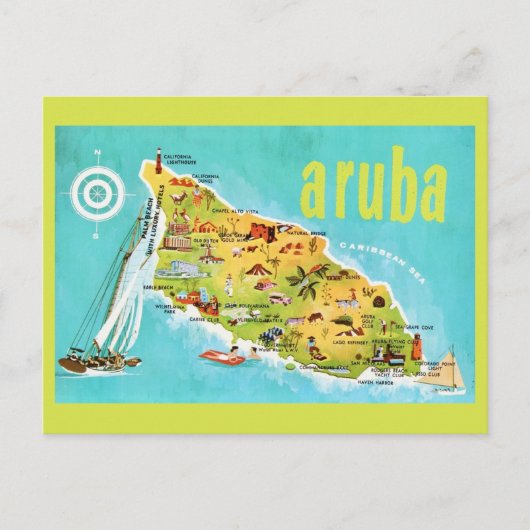 アルバ島のビンテージ島地図 ポストカード (正面)