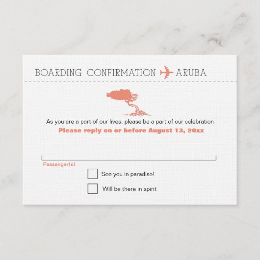 アルバ島出発の搭乗券に返信してください。 出欠カード (正面)