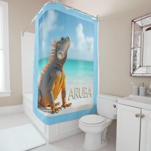アルバ美しいトカゲがビーチを楽しむ シャワーカーテン (インサイチュ)