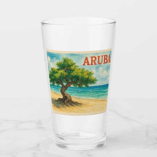 アルバ・ディヴィ・ツリー・イーグル・ビーチの水彩画 タンブラーグラス (正面)