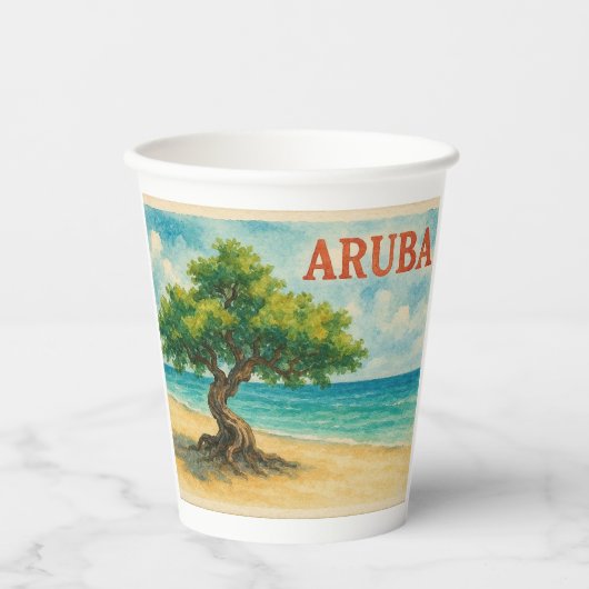 アルバ・ディヴィ・ツリー・イーグル・ビーチの水彩画 紙コップ (正面)