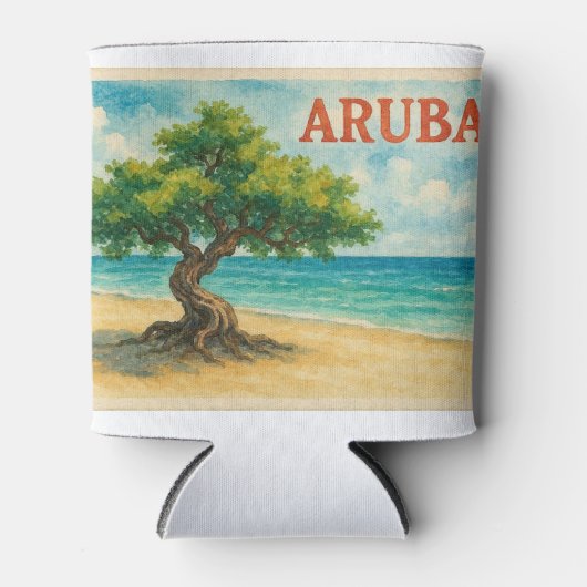 アルバ・ディヴィ・ツリー・イーグル・ビーチの水彩画 缶クーラー (正面)