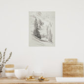 アルパインの山と木スケッチ、ヴィンテージエッチング、 ポスター (キッチン)