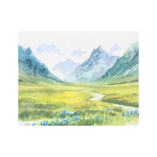 アルパインウィスパー – 山の下の草地 メタルプリント (正面)