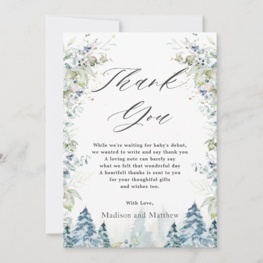 アルパインウィンターワンダーランドベビーシャワー誕生日  サンキューカード (正面)