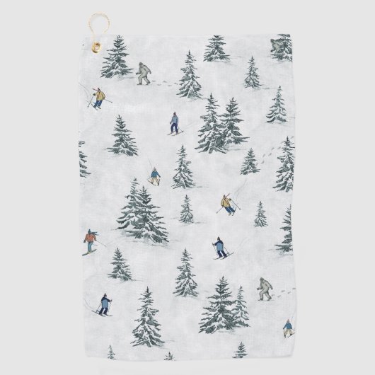 アルパインスキーヤーと隠されたイェティス – ダウンヒルスキー ゴルフタオル (正面)