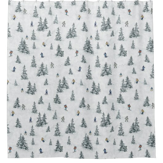 アルパインスキーヤーと隠されたイェティス – ダウンヒルスキー シャワーカーテン (正面)