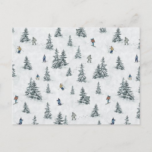 アルパインスキーヤーと隠されたイェティス – ダウンヒルスキー ポストカード (正面)