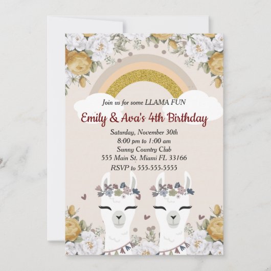 アルパカとラマの双子ちゃんの誕生日招待状 招待状 (正面)