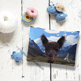 アルパカと山のモノグラム刺繍の編み物用品 アクセサリーポーチ