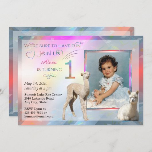 アルパカの女の赤ちゃんの第1バースデーパーティ招待状 招待状 (正面/裏面)