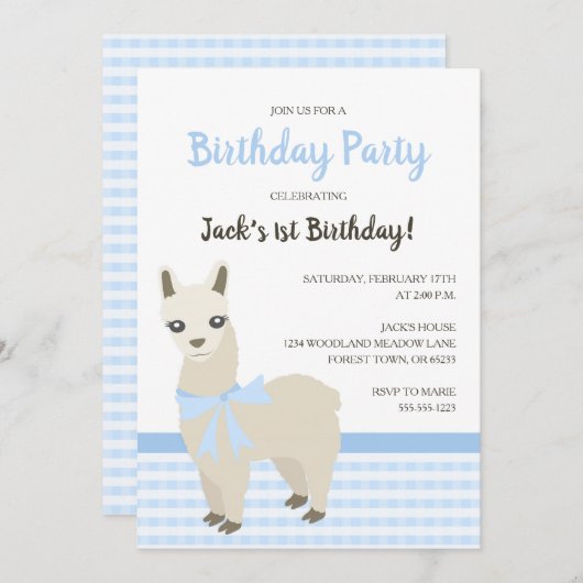 アルパカの青い誕生日のパーティの招待状 招待状 (正面/裏面)
