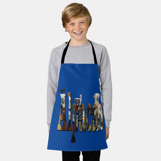 アルパカは、単語は、子供の完全なプリントエプロン エプロン (着用した状態)