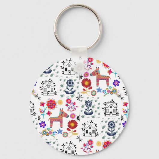 アルパカピナタブルーハウスと花 キーホルダー (正面)