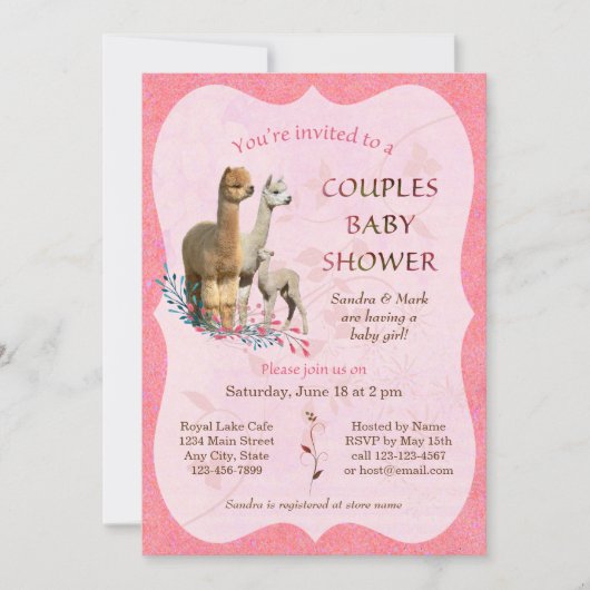 アルパカファミリーカップルベビーシャワー招待状ガール 招待状 (正面)